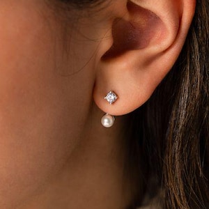 Dainty Pearl and CZ Diamond Stud Earrings, 18k Gold Vermeil Earrings, Everyday Earrings, Delicate Gift for Her, Modern Minimalist Jewelry