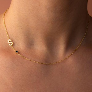 Tiny Gemstone Initial Delicate Necklace, Personalized Initial Birthstone Necklace, Birthstone Gem with Letter Necklace, Dainty Gift for Her