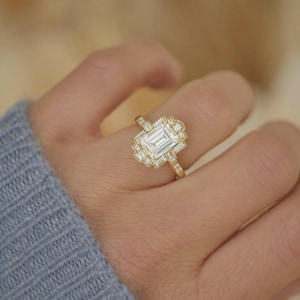 Vintage Emerald Cut Engagement Ring, Art Deco Moissanite Ring, 14K Solid Gold Baguette Halo Ring, Antique Style Wedding Ring, Bridal Ring
