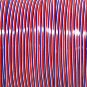 May include: A spool of cord featuring a repeating pattern of vertical stripes in vibrant red, bright blue, and thin white lines. The material has a smooth, glossy finish and is wound tightly to create a uniform, cylindrical surface texture.