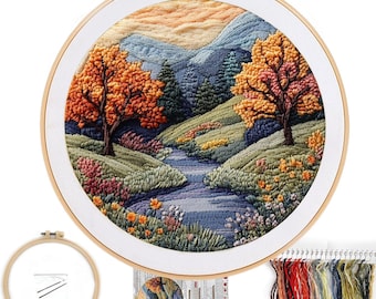 Autumn Landscape Cross Stitch Embroidery Kit for Beginners, Adult Needlepoint, Fall Cross Stitch, DIY Art, Craft Gift, Wall Decor Needlework