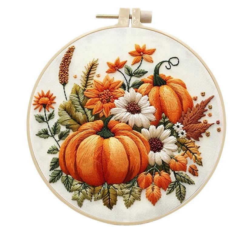 Pumpkin Cross Stitch Embroidery Kit for Beginners, Adult Needlepoint, Fall Cross Stitch, DIY Art, Craft Gift, Wall Decor, Needlework Set
