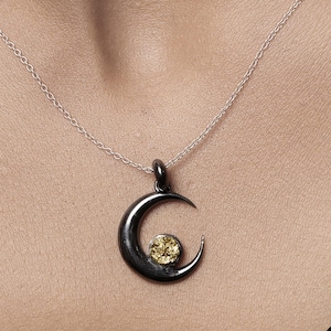 Crescent Moon Pyrite Pendant, 925 Sterling Silver Raw Crystal Necklace in Black Plated Finish Minimalist Pendant, Mystical Celestial Jewelry