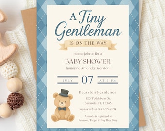 Tiny Gentleman on the Way Baby Shower Invitation | Teddy Bear Boy Baby Shower Invite | Editable Digital Template | Printable Download