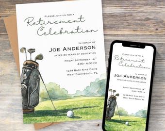 May include: A watercolour retirement invitation with a golf course scene, golf bag, clubs, and ball. The invitation includes the text "Retirement Celebration" and details for Joe Anderson's retirement. The invitation is also displayed on a smartphone.