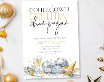 Könnte beinhalten: Eine Einladung zum Silvesterabend mit den Worten "countdown confetti & champagne" in schwarzer und goldener Schrift. Die Einladung enthält Details wie Datum, Uhrzeit und Ort. Das Design zeigt Sektgläser, Discokugeln und goldene Akzente.