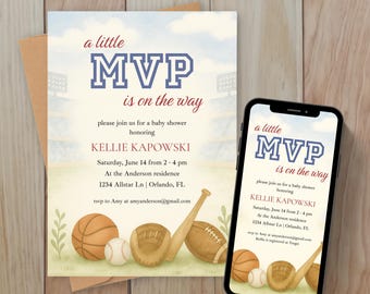 MVP Sports Theme Baby Shower Invitation, Boy Baby Shower Invite, Football Baby Shower, Baseball Baby Shower, digital download, BS17