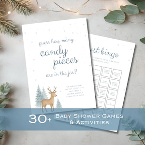 Zimowe gry na baby shower | Neutralny pod względem płci motyw śnieżny | Świąteczna Kraina Czarów dla Dzieci | Edytowalne szablony Canva | Zestaw gier do druku | BS8