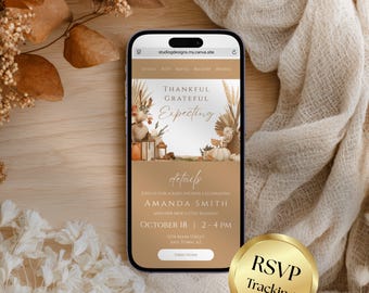 May include: A smartphone displays a baby shower invitation with the text "Thankful, Grateful, Expecting." The invitation features fall-themed graphics, including pumpkins and pampas grass. A gold RSVP tracking button is visible. The invitation is for Amanda Smith's baby shower on October 18.