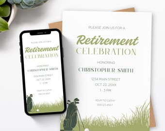 May include: A white invitation and a smartphone screen with a retirement celebration theme. The invitation and phone display the text "Retirement Celebration" and details for Christopher Smith's retirement. Golf-themed graphics are included.
