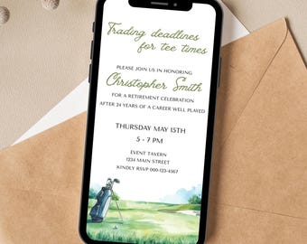 May include: A smartphone displays a golf-themed invitation for Christopher Smith's retirement. The invitation features watercolor artwork of a golf course and text that reads "Trading deadlines for tee times" and event details.