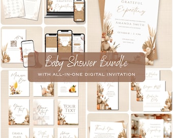 Può includere: Un pacchetto baby shower con un invito digitale. Il design presenta una palette di colori neutri con elementi botanici. Include inviti, cartelli e mockup digitali.