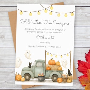 May include: A watercolor invitation with the text "Fall Fun For Everyone!" features a vintage teal truck filled with pumpkins. Ghosts, black cats, and string lights decorate the scene. The invitation is for a Halloween event on October 31st.