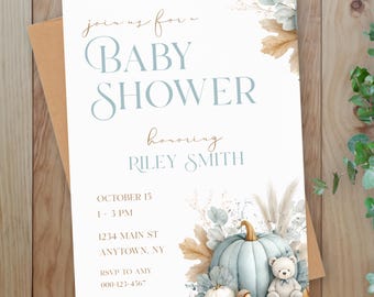 Blauwe pompoen baby showeruitnodiging | Sjabloon babyshower herfst voor jongen | Digitale download kleine pompoen herfstuitnodiging | Bewerkbare uitnodiging