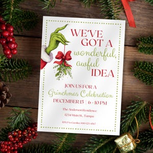Invitación a la fiesta navideña de Grinchmas • Invitación navideña tipo flyer • Plantilla de Canva