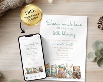 May include: A baby shower invitation with the text "Snow much love for our new little blessing." The invitation features watercolor illustrations of woodland animals wearing scarves and hats. A smartphone displays the same invitation design.