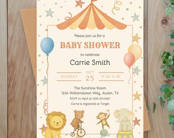 Circus Baby Shower Invitation | Carnival Theme with Circus Animals | Gender Neutral Baby Shower Invite | Editable Digital Template