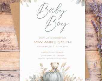 Baby Boy Blue Pumpkin Baby Shower Uitnodiging, Fall Boy Shower Template, Little Pumpkin Autumn Invite digitale download, bewerkbare uitnodiging, BS35
