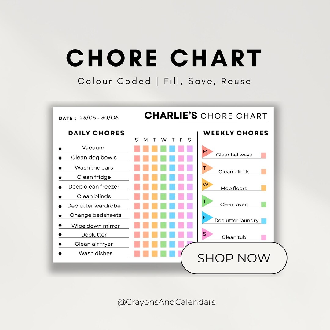 Editable Colour Coded Chore Chart PDF | Family Household Cleaning ...