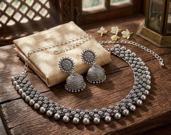 Oxidized Silver Choker Necklace and Jhumka Earrings Set, Boho Tribal Bridal Jewelry