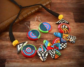 Hand-Painted Terracotta Jewelry Set: Tribal Boho Necklace & Earrings