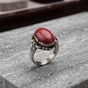 Red Jasper Statement Ring, Oval Gemstone Ring in Sterling Silver, Boho Jewelry