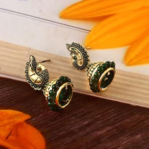 Antique Gold Jhumka Earrings: Paisley Studs with Green Beads