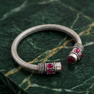 Oxidized Silver Cuff Bracelet, Ruby Red Stone, Tribal Bangle, Unisex Jewelry
