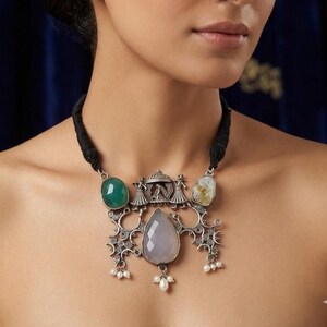 Chalcedony and Green Agate Statement Necklace, Oxidized Silver Tribal Pendant, Ethnic Indian Jewelry, Boho Gemstone Choker with Pearl Drops