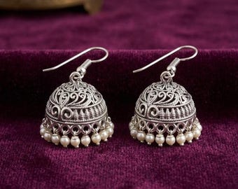 Pearl Jhumka Earrings, Oxidized Silver Jhumki, Traditional Indian Earrings, Boho Ethnic Jewelry for Women