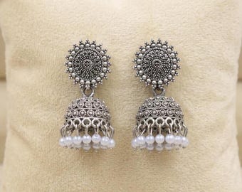 Oxidized Silver Jhumka Earrings, Pearl Drop Sun Flower Stud Jhumki, Antique Silver Indian Jewelry, Ethnic Dangle Earrings, Gift for Her