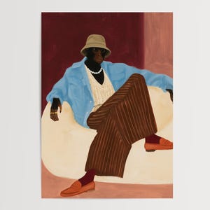 May include: A digital illustration of a primate figure wearing a beige bucket hat, a light blue button-down shirt, a white textured vest, and brown pinstriped trousers. The figure wears a pearl necklace, gold rings, and orange loafers with dark socks.