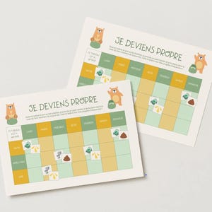May include: Two white rectangular charts with the text "JE DEVIENS PROPRE" and a cartoon bear illustration. The charts have a grid layout with green and yellow squares, and small illustrations.