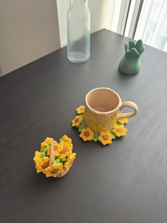 Crochet Sunflower Coaster Set: Handmade Yarn Art, Home Decor