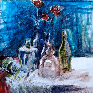 May include: An expressive painting featuring a collection of glass bottles and a vase with red flowers. The artwork uses bold blue and red brushstrokes, with visible ink lines defining the shapes of the bottles against a vibrant, textured background.