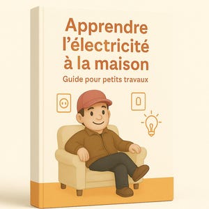 May include: A book cover with the title "Apprendre l'électricité à la maison" and the subtitle "Guide pour petits travaux". The cover features an illustration of a person in a brown jacket and a red cap sitting in a beige armchair.