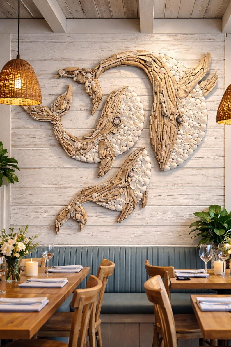 May include: A large wall art installation featuring three whales crafted from light-colored driftwood and white seashells. The whales are arranged in a swimming formation against a white horizontal wood-paneled wall, creating a textured relief.