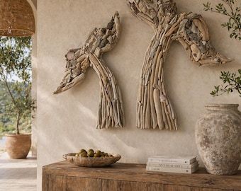 Driftwood 45,3” Whale Tail Sculpture – Coastal Wall Art, Handmade from Natural Driftwood and Seashells, Beach House Decor