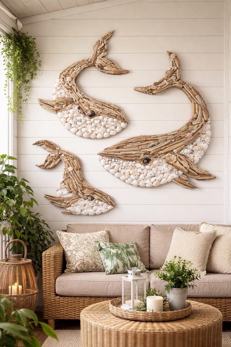 May include: Three wall art pieces shaped like whales, crafted from light brown driftwood and white seashells. The whale figures are arranged in a group, featuring textured wooden bodies and bellies covered in small, layered white shells.