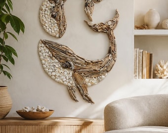 Driftwood Couple Whales Sculpture-Handmade Seashell Ocean Decor-Coastal Beach House Wall Hanging-Driftwood Marine Art for Beach Home Decor