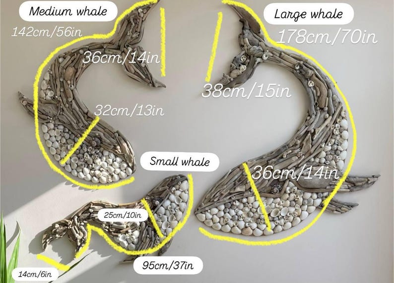 May include: Three whale-shaped wall art pieces crafted from driftwood and seashells. The medium whale measures 142cm/56in by 36cm/14in and 32cm/13in. The large whale is 178cm/70in by 38cm/15in and 36cm/14in. The small whale is 95cm/37in by 25cm/10in and 14cm/6in.