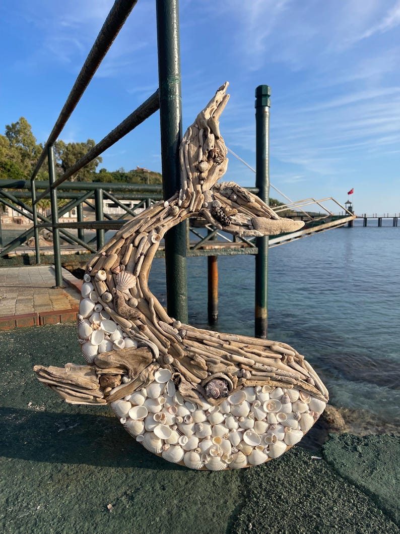 May include: A whale-shaped wall art piece constructed from light brown driftwood and various white seashells. The sculpture features a curved tail pointing upward and a rounded body covered in layered shells, with a single dark shell as an eye.