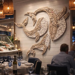 May include: A large wall art installation featuring three whales crafted from light-colored driftwood and white seashells. The whales are arranged in a dynamic, overlapping composition against a white horizontal paneled wall in a dining room.