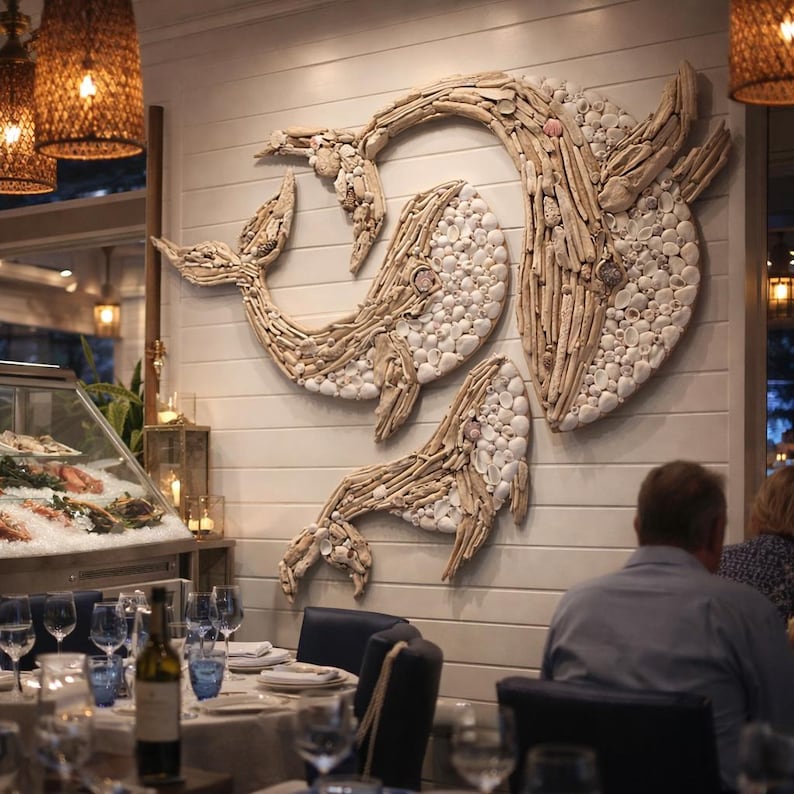 May include: A large wall art installation featuring three whales crafted from light-colored driftwood and white seashells. The whales are arranged in a dynamic, overlapping composition against a white horizontal paneled wall in a dining room.
