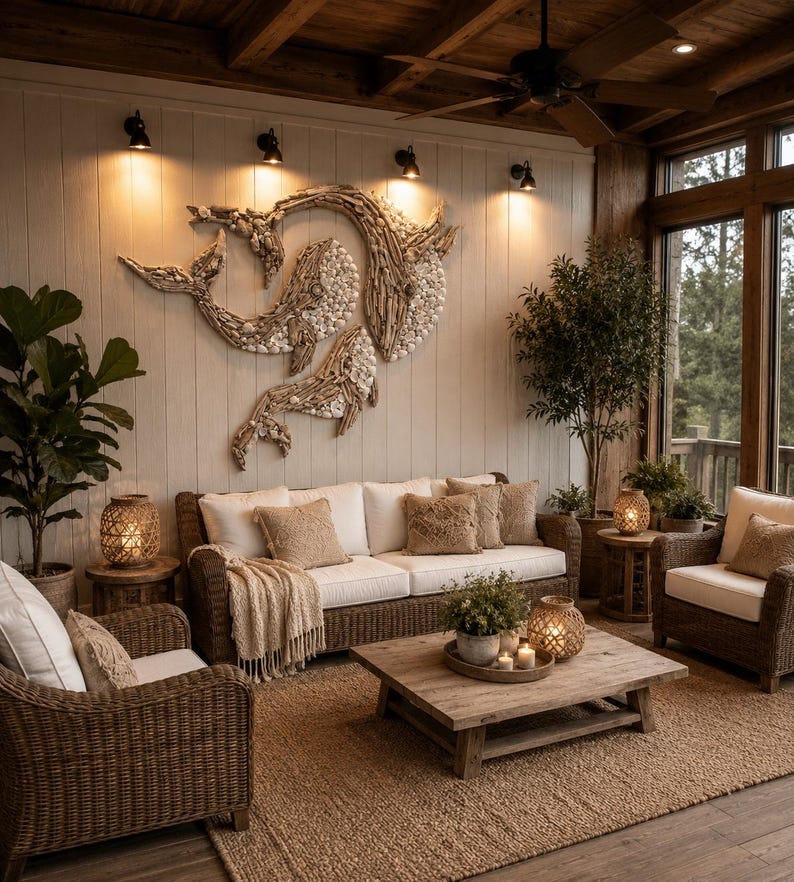 May include: A large wall art piece made of driftwood and white seashells shaped like two whales, mounted on a white vertical paneled wall above a brown wicker sofa with white cushions, throw pillows, and a cream-colored knit throw blanket.