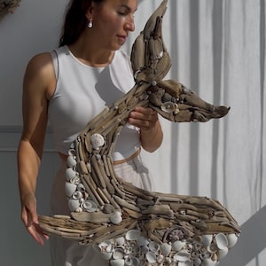 May include: A wall art sculpture shaped like a whale tail, constructed from various pieces of weathered driftwood and an assortment of small white seashells. The natural wood tones and white shells create a textured, organic surface on the whale tail.