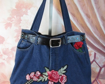 Custom Recycled jeans Tote bag Blue Denim shopper Shoulder handbag casual denim bag Large Tote pocket bag Big tote ecofriendly Dark blue