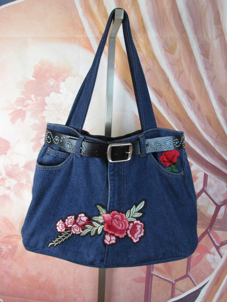 Custom Recycled Jeans Tote Bag Blue Denim Shopper Shoulder Handbag