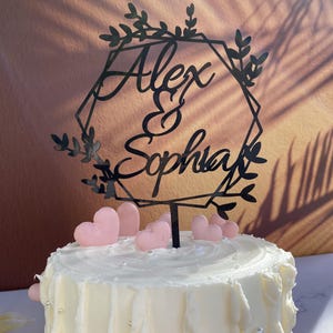 Custom Name Wedding Cake Topper / Acrylic Hexagon Wreath