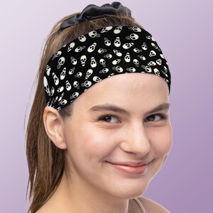 Women&#39;s Headband Skulls Black & White 3&quot; Wide Cotton Sweatband Small Medium Large X-Large Sports Fitness Yoga Made in the USA